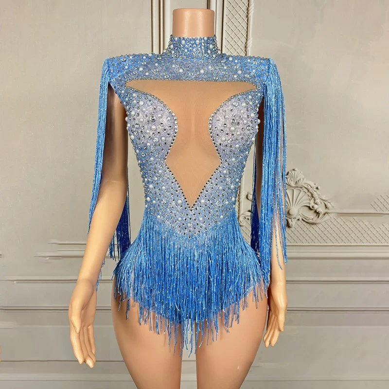 Ropa de fiesta para discoteca Ds Dj, ropa de Gogo, mono con diamantes de imitación, traje de Drag Queen rojo y azul, traje de baile de Jazz para mujer