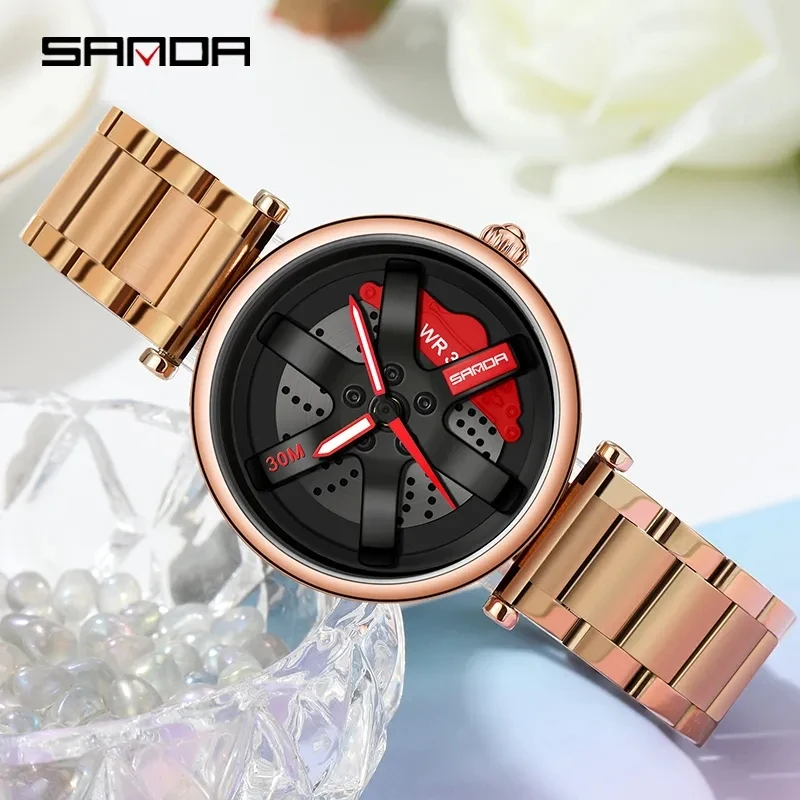 SANDA 1073 moda donna orologi per il tempo libero Sport Car Wheel Hub orologio impermeabile 360 quadrante rotante orologio da polso al quarzo da donna in acciaio inossidabile