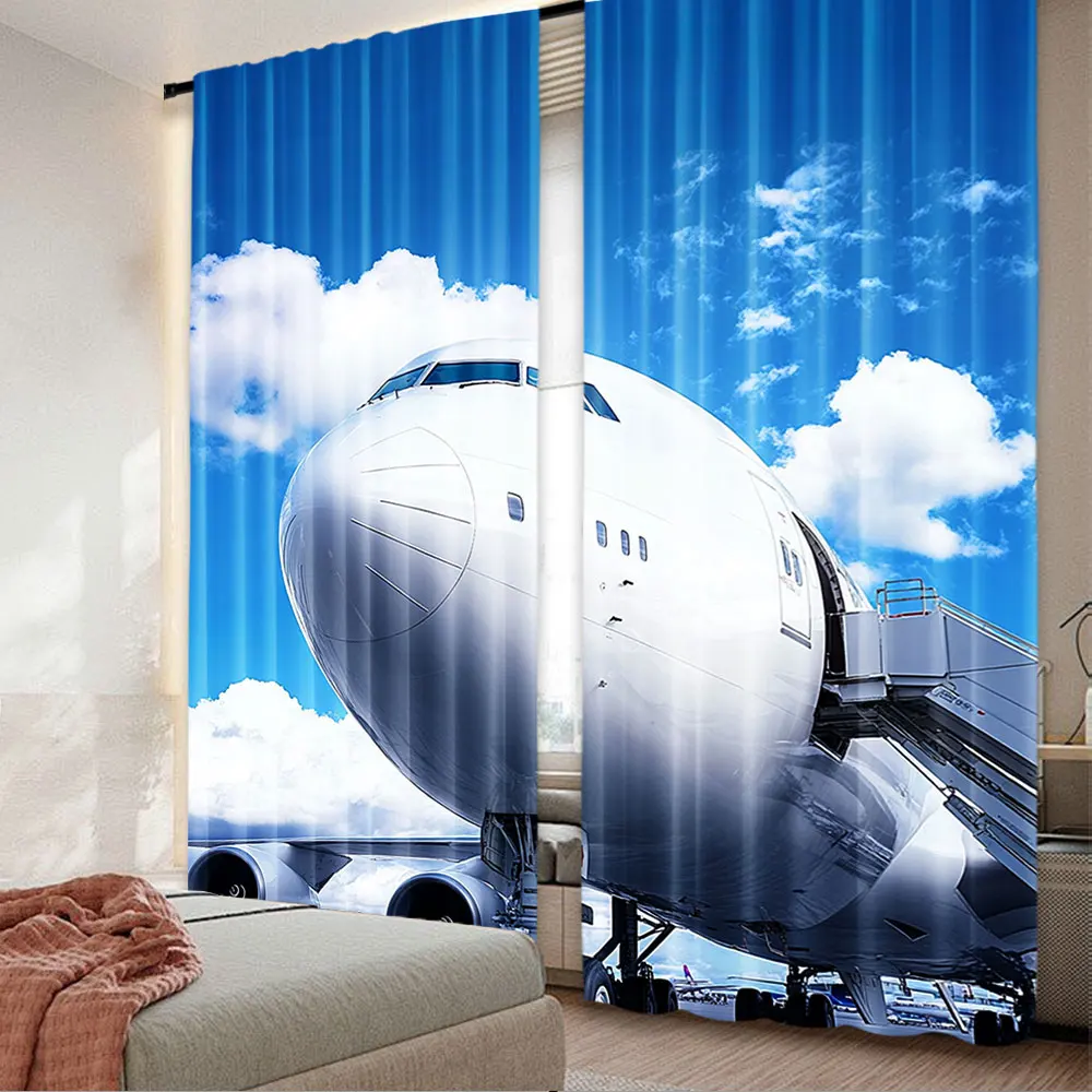 

2Pcs Airplane Boarding Modern Curtain Jumbo Jet Boarding Airport Blue Sky Summer Holiday Travel Birthday Wedding Party Curtain