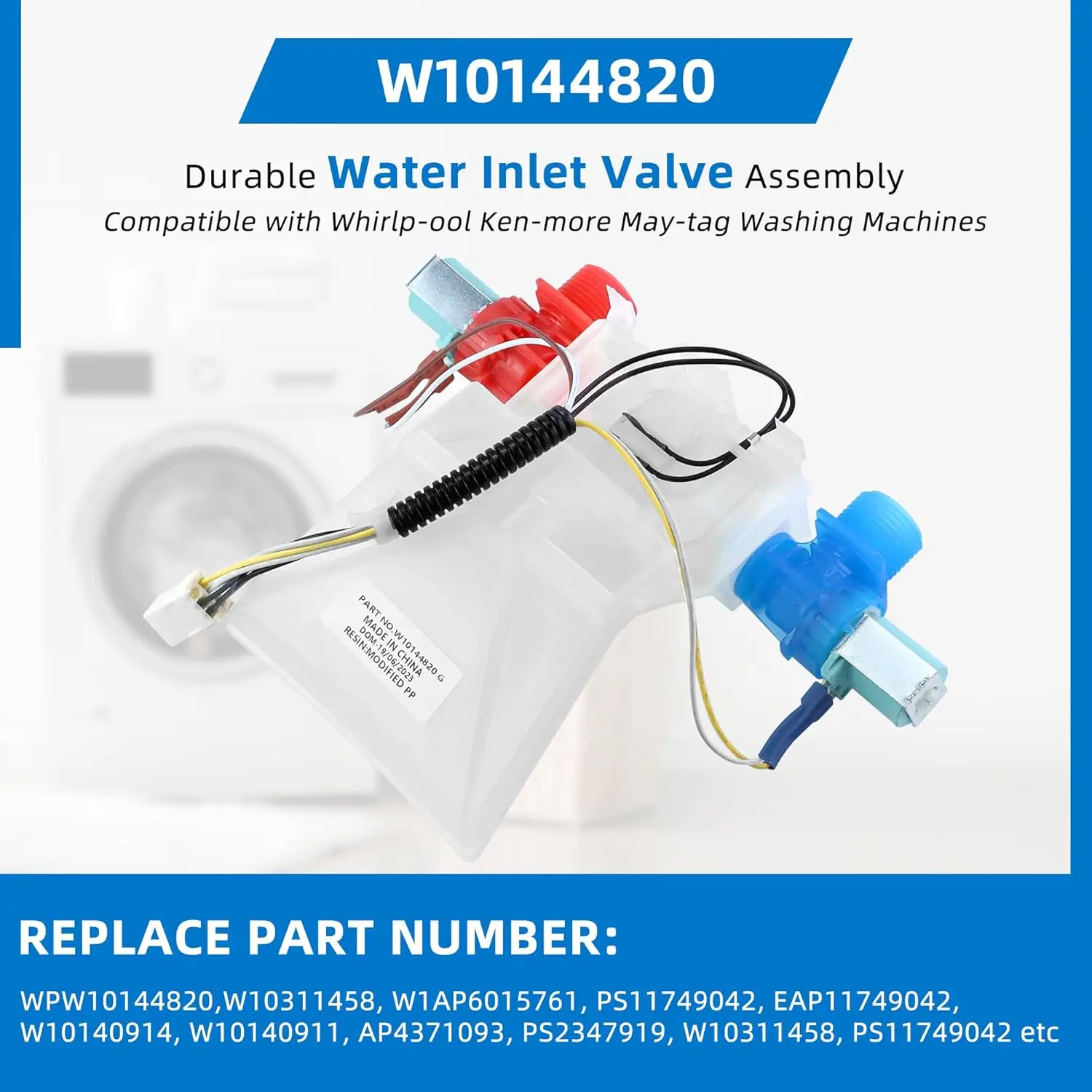 W10144820 Washer Water Inlet Valve suitable for Whirlp-ool Ken-more May-tag Washing Machine Replace W10140911 WPW10144820