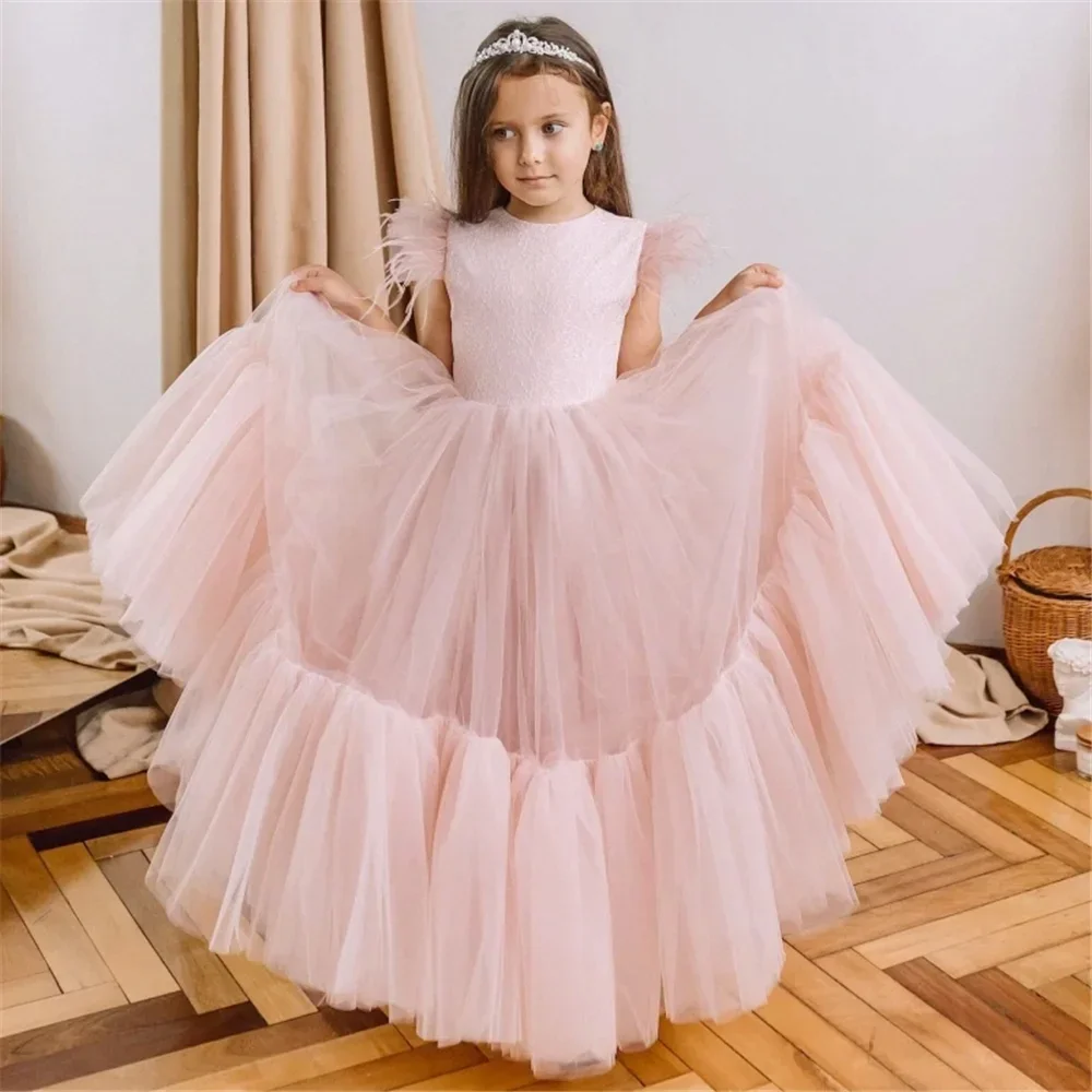 Flower Girl Dress Princess Ball Elegant Long-sleeved Tulle Lace Printing First Communion Dresses Kids Surprise Birthday Present