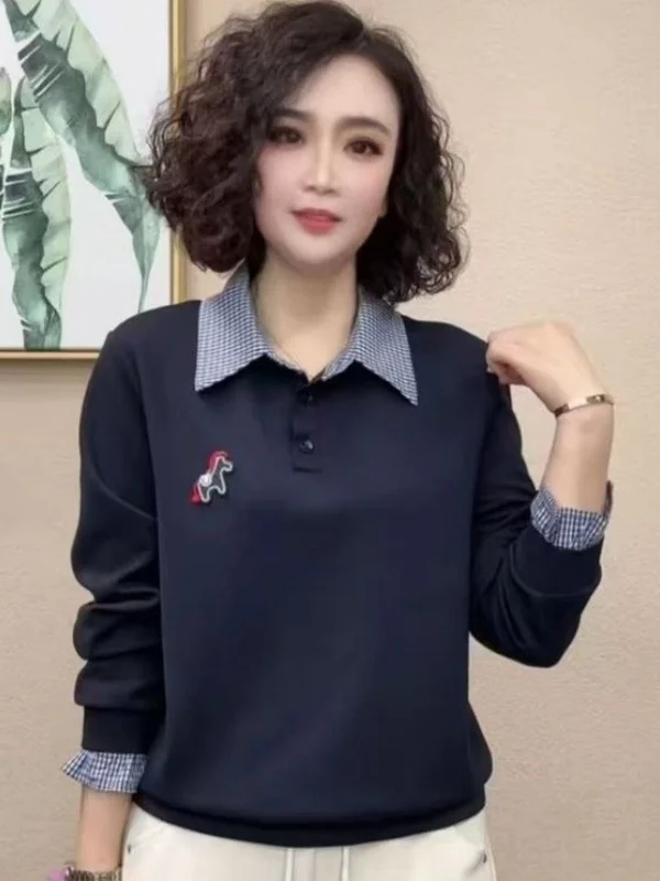 

Spring New Faionable Versatile irt Collar Base Top for Mom Middle-Aged Women Casual Slimming Comfortable Polyester Fiber