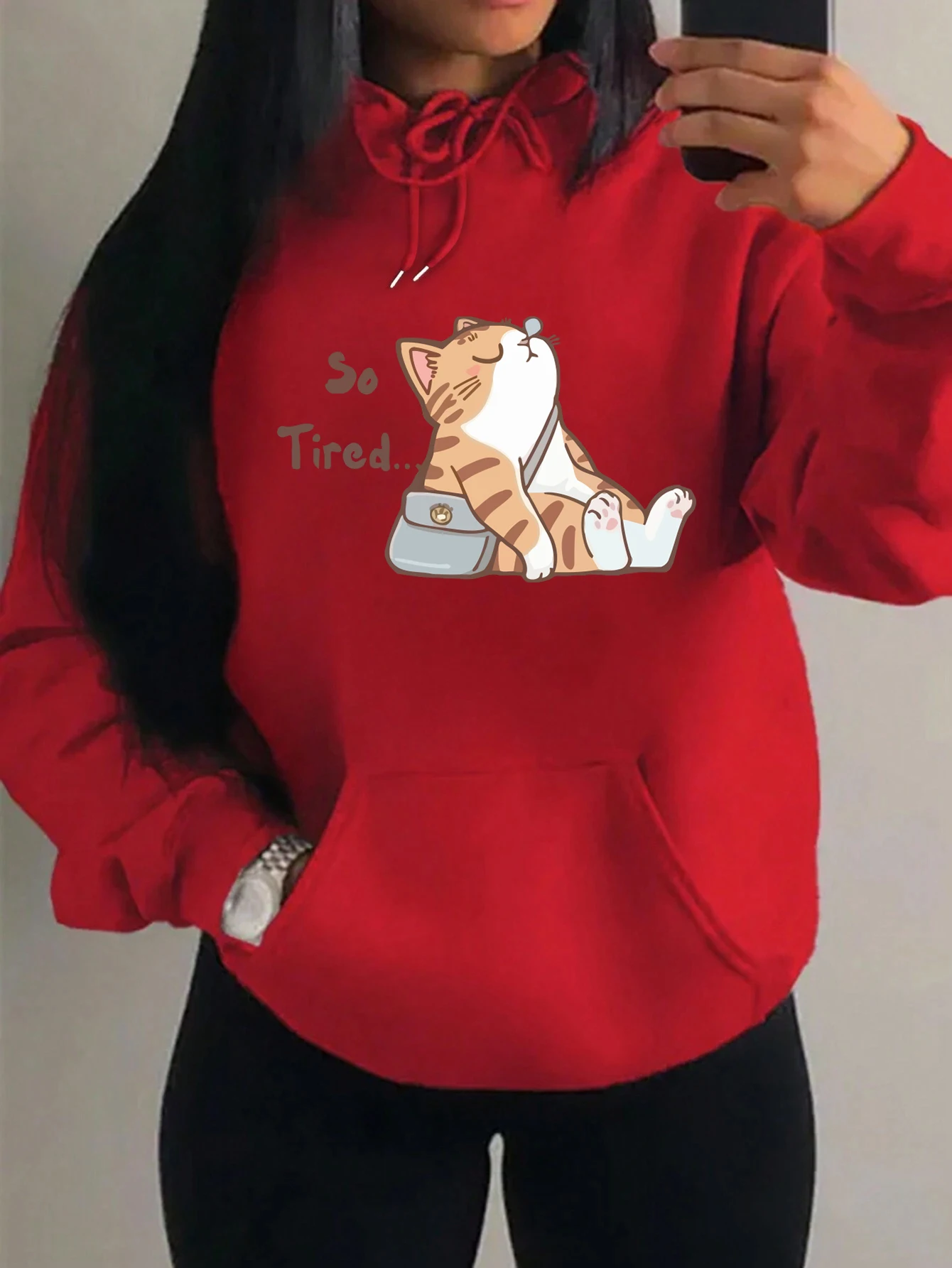 The Abstract Cat Is Too Tired Pattern Hoodies Female Hip Hop Personality Hoody Fashion Fleece Clothes Y2K Pocket Pullovers