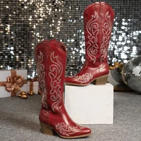 Women Retro Western Embroidered Cowboy Boots - Pointed Toe High Block Heel Faux Cover with Fabric Lining &amp TPR Sole Zipper C - Image 5