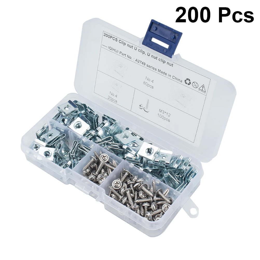 

200pcs U-shaped Reed Screw Set Manganese Steel Self Tapping Fastener Nut Clip Car Decor Panel Bumper Fixing Wires Cables Door