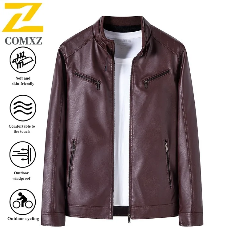 

Men's Leather Jacket Windproof Waterproof Stand Collar Winter PU Coat Vintage Motorcycle Style Thermal Lined Casual Outerwear