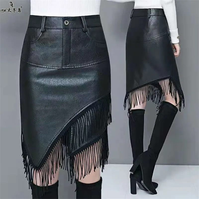 

PU Leather Skirt Women High Waisted Half Length Skirt for Women Mid Length Asymmetrical Patchwork Buttocks Tassel Short Skirt