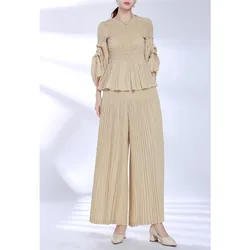 Pleats Pleated Pants Set Original Design Shrink Top+draped Sense of Wide-legged Pants 2023 Fall New Solid Color Casual Versatile