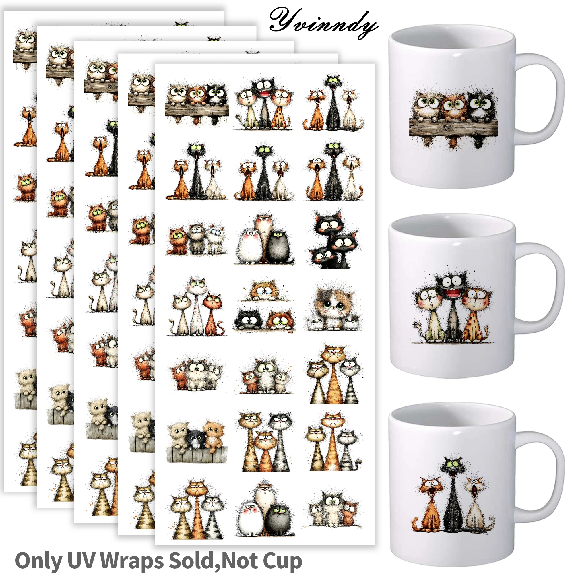 105Pcs/Set Unique cat illustration UV DTF Transfer Sticker DIY Craft Kits with Crystal Label 16oz Glass Jars Wrap Stickers