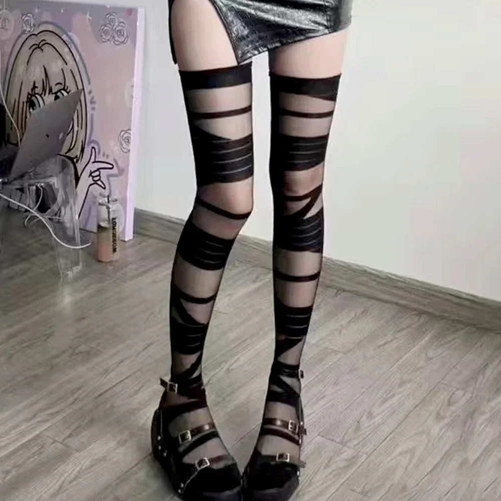 Ultradünne Damen Spicy Girl Bandage Streifenstrümpfe Japanische Lolita JK Y2K Sexy Sommer Cross Tube Weiße Strümpfe