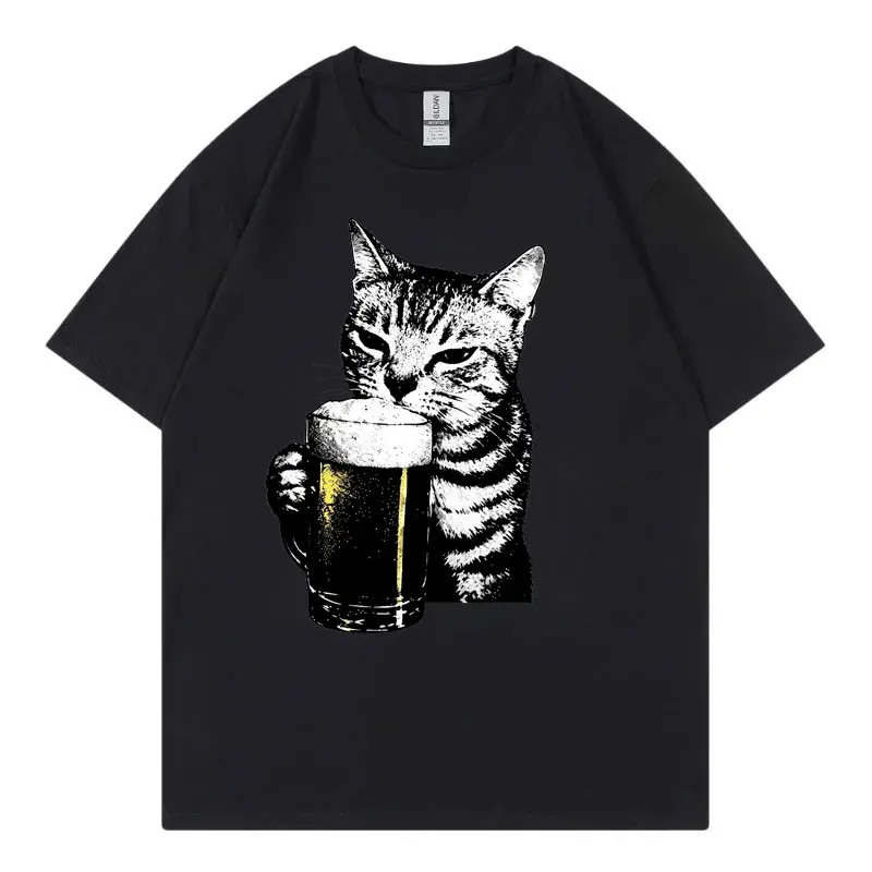 Cat Drinking Beer Funny T-shirts Men Women Vintage Fashion Short Sleeve T-shirt Summer Casual Loose Cotton T Shirts Streetwear