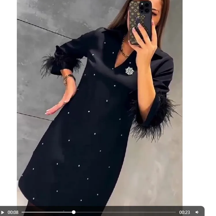 Black Feather Long Sleeve V Neck Dress For Women\'s  Fashionable Socialite Light Luxury Classic Hot Diamond Party Ladies Dresses