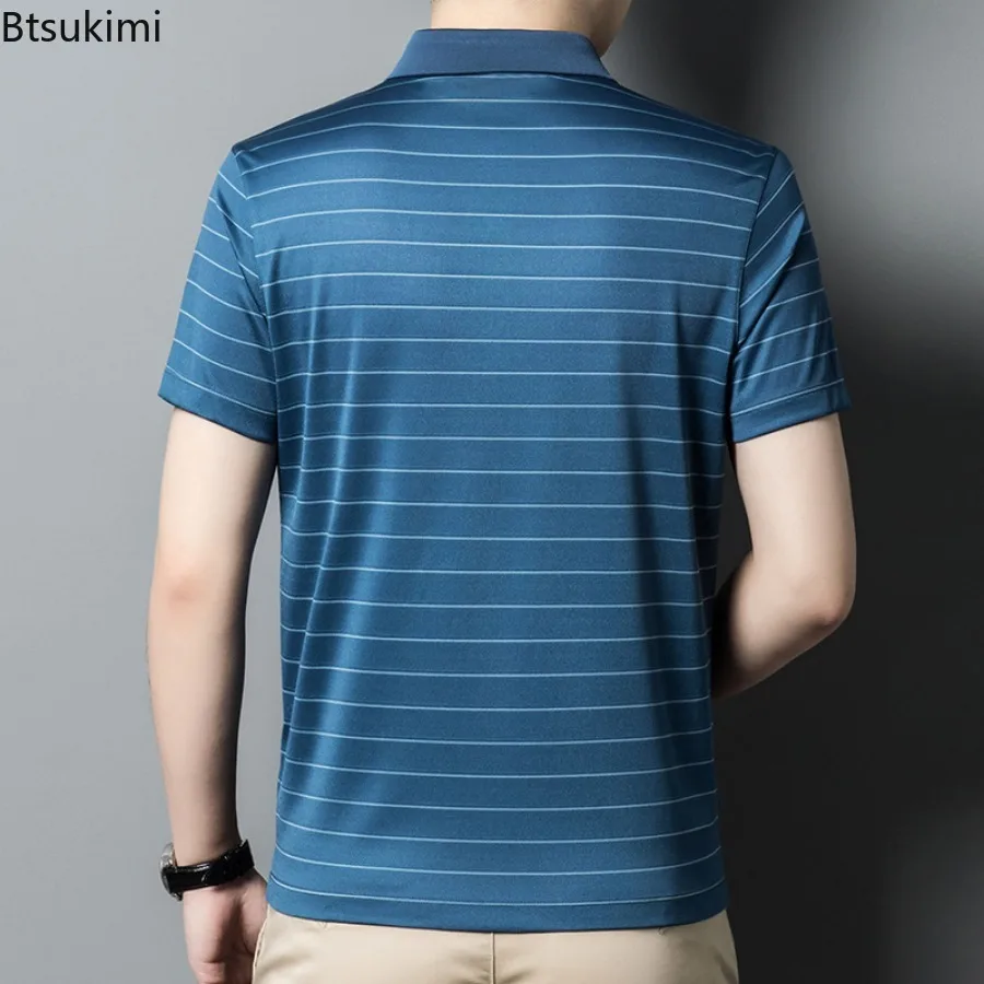 2024 High-end Mulberry Silk Polo Shirt Men's Trend Short Sleeve Striped Business Casual T-shirt Summer Cool Breathable Tops Male