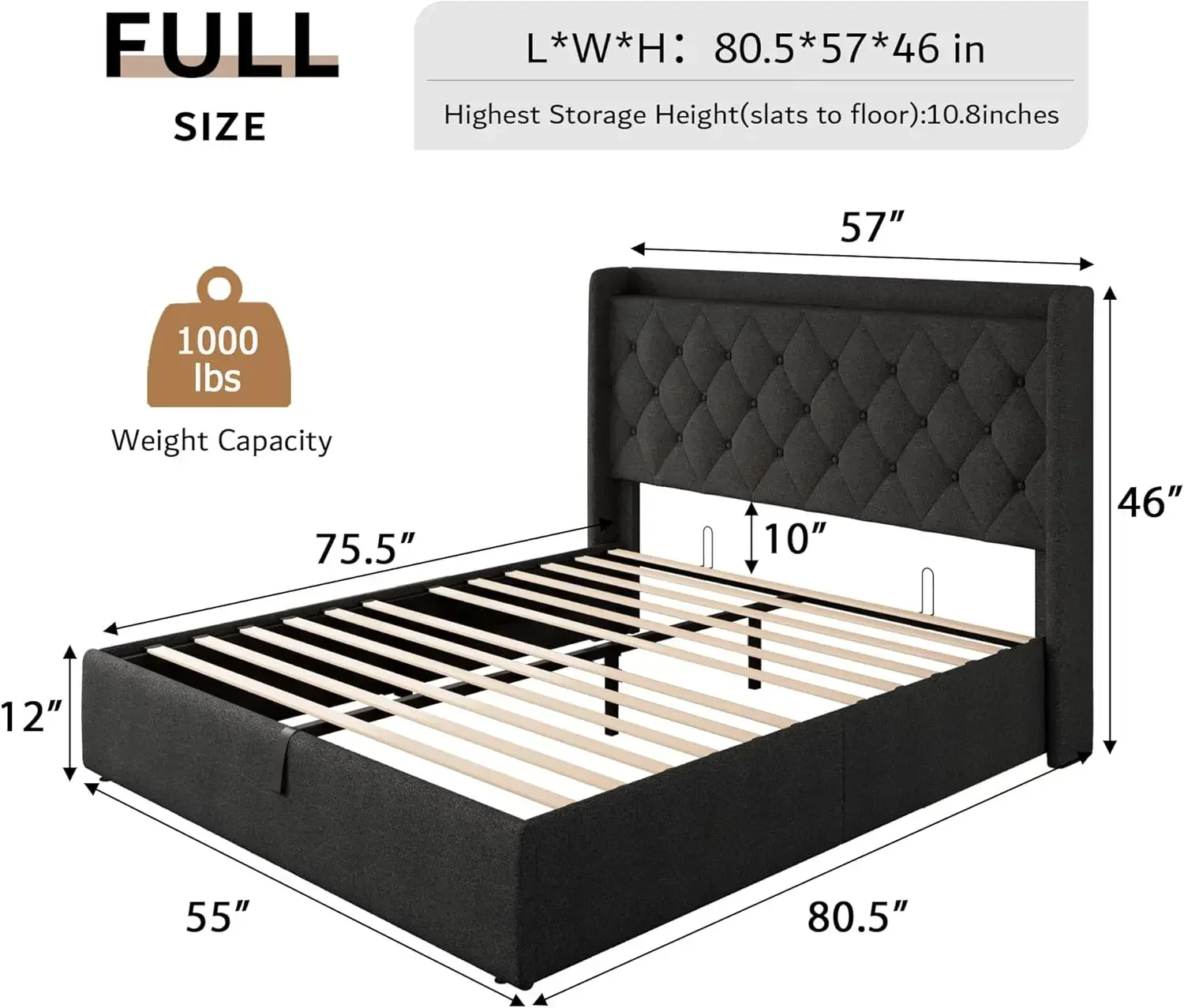 Gestoffeerd platformbedframe met getuft hoofdeinde, hydraulische opbergruimte, geen boxspring nodig, geluidsvrij