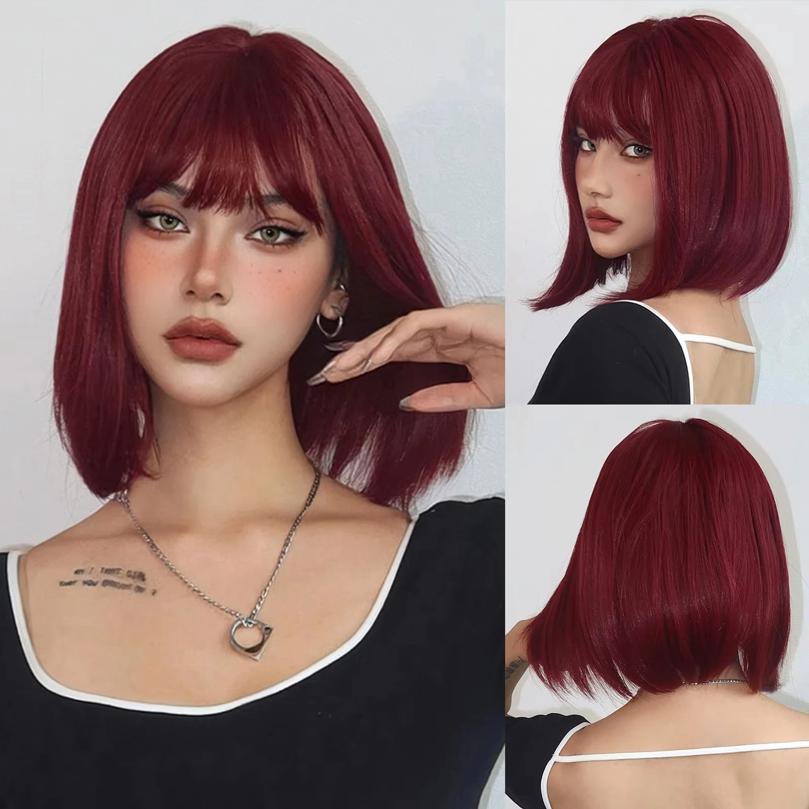 

Short Bob Burgundy Straight Synthetic Wig with Bangs Wine Red Fake Hair for Cosplay Women Party Daily Use Heat Resistant Wigs