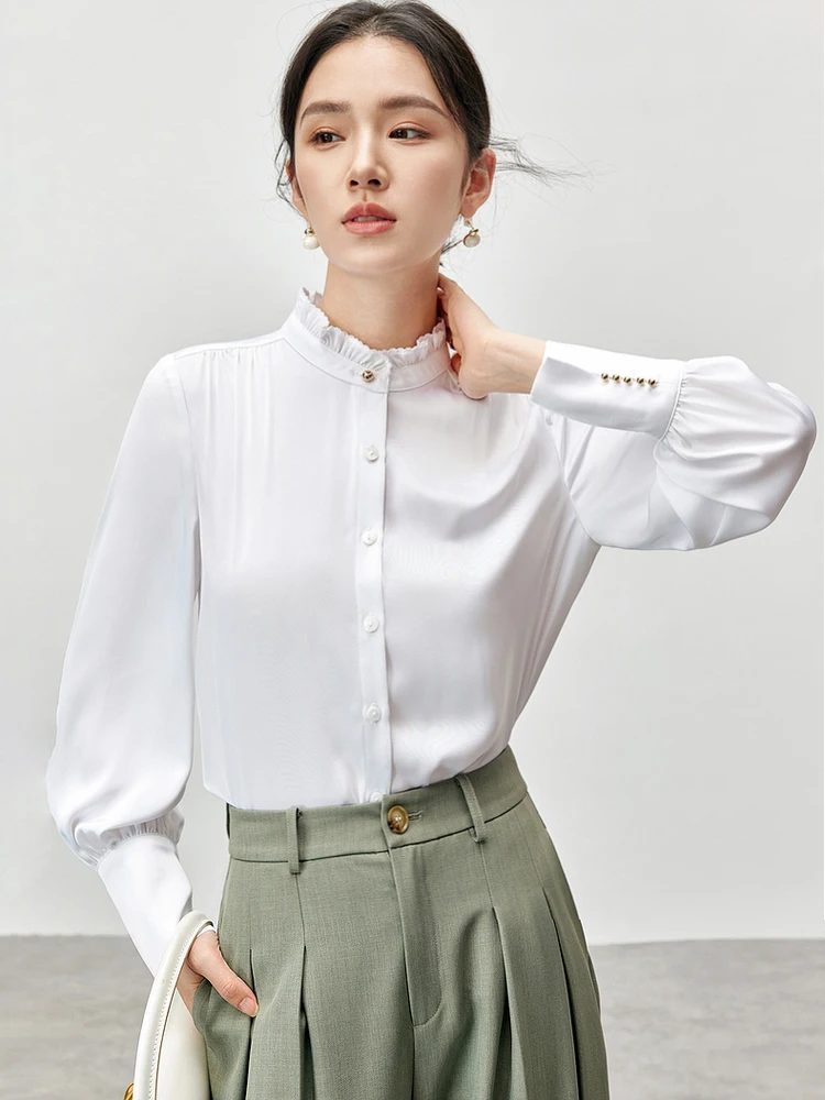 

SENTUBILA Satin Long Sleeve White Shirt Women 2024 Early Autumn New Ruffled Collar French Elegant Simple Tops Woman 143C55715