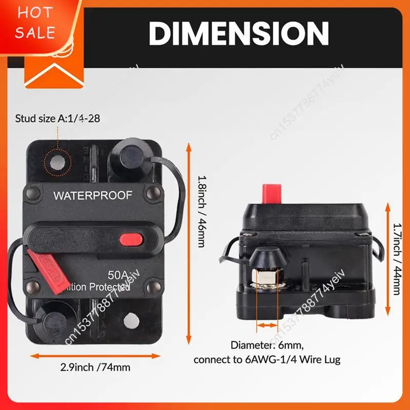 Disjoncteur automobile 50 ampères avec réinitialisation manuelle, porte-fusible étanche pour moteurs de pêche à la traîne, bateaux et automobile A62X