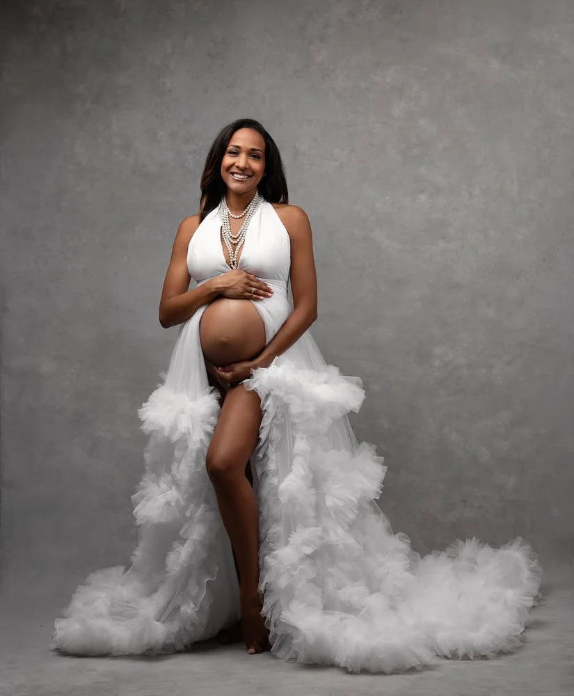 Luxo branco vestidos para grávidas sem cinto exuberante em camadas vestido de maternidade frente fenda halter inchado longo vestidos de gravidez fora do ombro