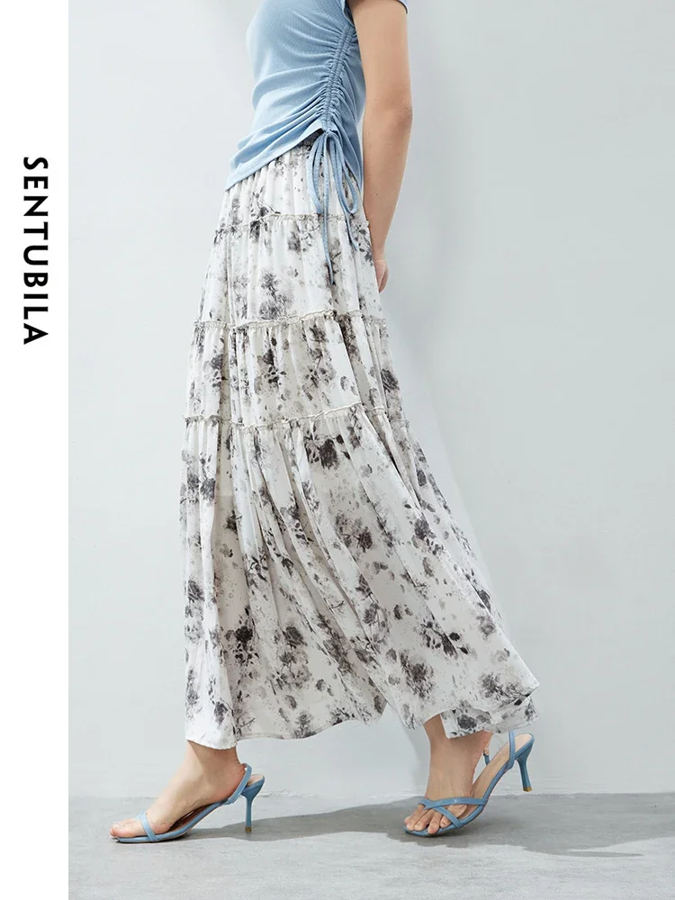 SENTUBILA Floral Maxi Skirt For Woman 2025 Spring Summer Comfort Elastic Waist Simple Printed Straight Long Skirts W42Q54471