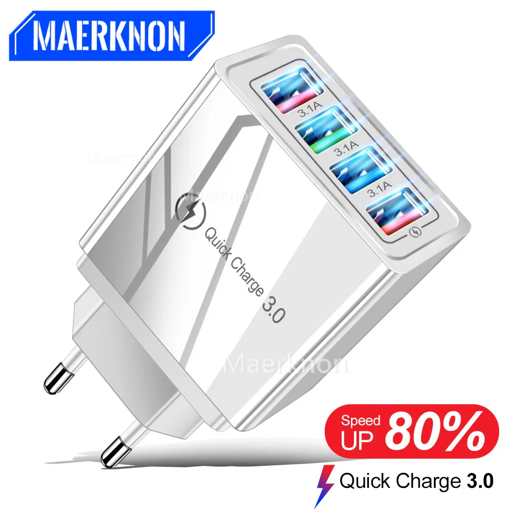 USB Charger Quick Charge 3.0 4 ports Phone Adapter For Huawei iPhone 12 xiaomi Tablet Portable Wall Mobile Charger Fast Charger