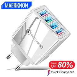 Carregador USB Quick Charge 3.0 4 portas Adaptador de telefone para Huawei iPhone 12 xiaomi Tablet Carregador portátil de parede móvel Carregador rápido