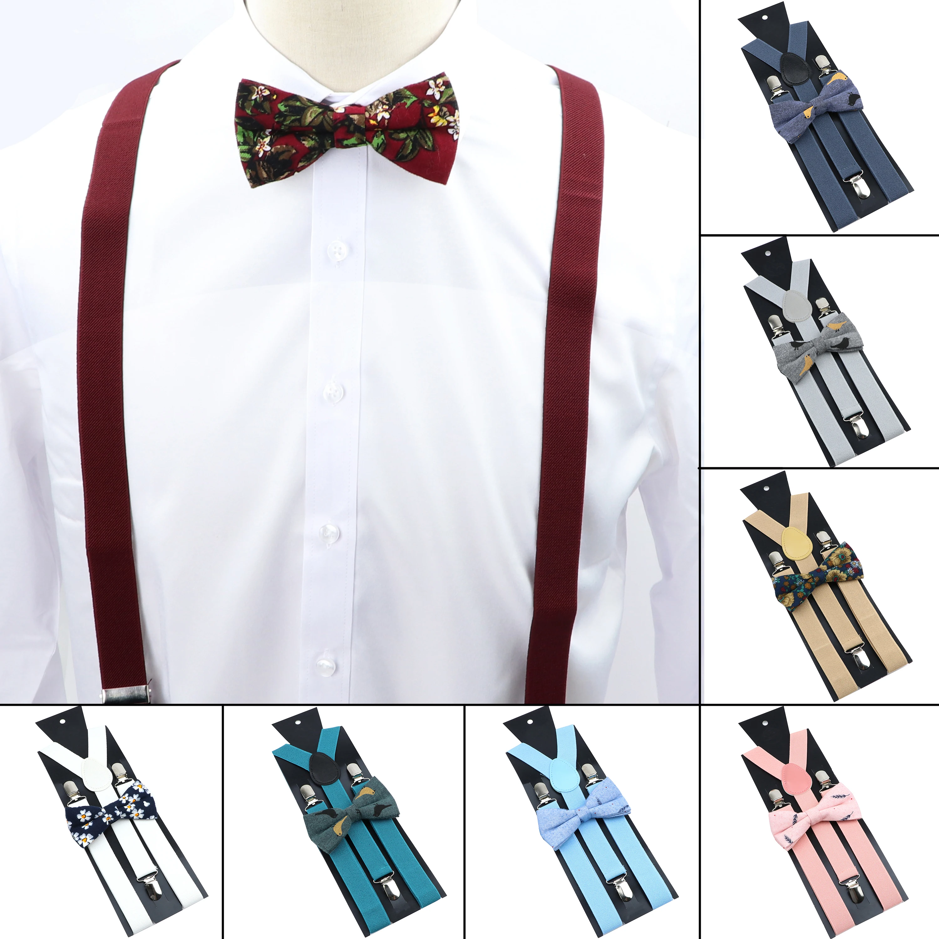 Cotton Wine Red Blue Bowtie Suspender Sets Elastic Braces Men Women Florla Butterfly Straps Wedding Suit Skirt Accessories Gift