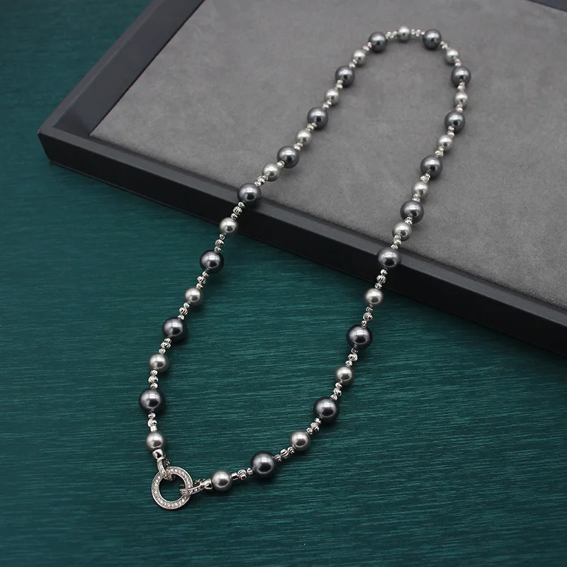 2024 New Dark Grey Mixed Color Pearl Y-shaped Chain High end Necklace Light Luxury Style Small and Unique Design Jewelry