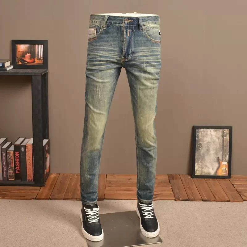 Fashion Designer Men Jeans Retro Washed Stretch Slim Fit Ripped Jeans Men High Quality Italian Style Vintage Denim Pants Hombre
