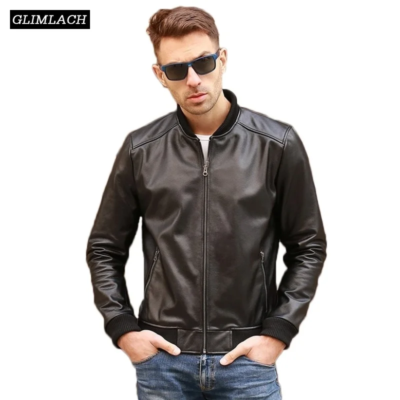 Natural Cowhide Real Slim Leather Flight Bomber Jacket Men High Quality Genuine Cow Leather Aviator Coat Aviation Jacket Male