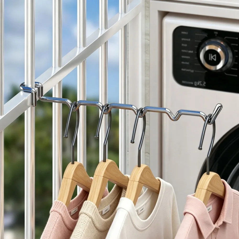 1-10pcs Stainless Steel Balcony Clothes Hanger Wave Shaped Multiple Hanging Slots Railing Drying Rack Hook Mount No Drill