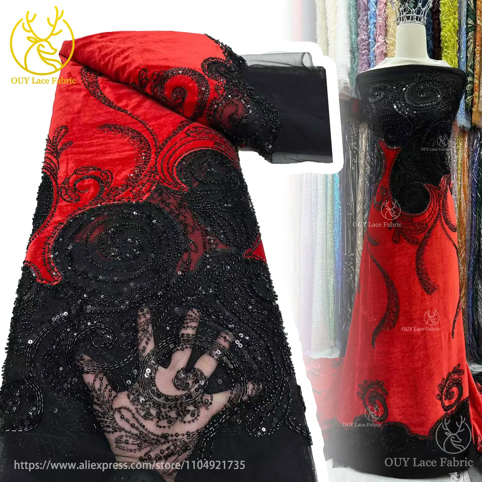 

Newest Black Red African Velvet Beaded Lace Fabric 2025 France Nigeria Sequins Embroidery Lace Fabric For Wedding Dresses