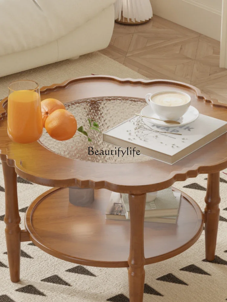 طاولة شاي صغيرة من الخشب الصلب الإبداعي المستدير الفرنسي القديم ذات حافة يابانية وطبقات زجاجية علوية وسفلية