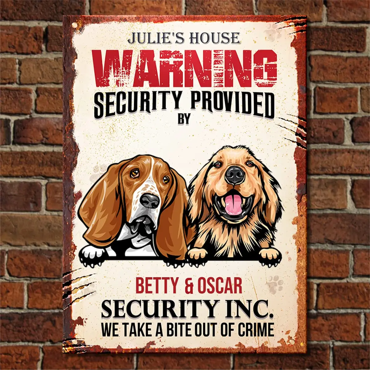 GadgetsTalk House Security Provided by The Dog - Funny Personalized Dog Metal Sign- We Take A Bite Out of Crime - Gifts for Dog