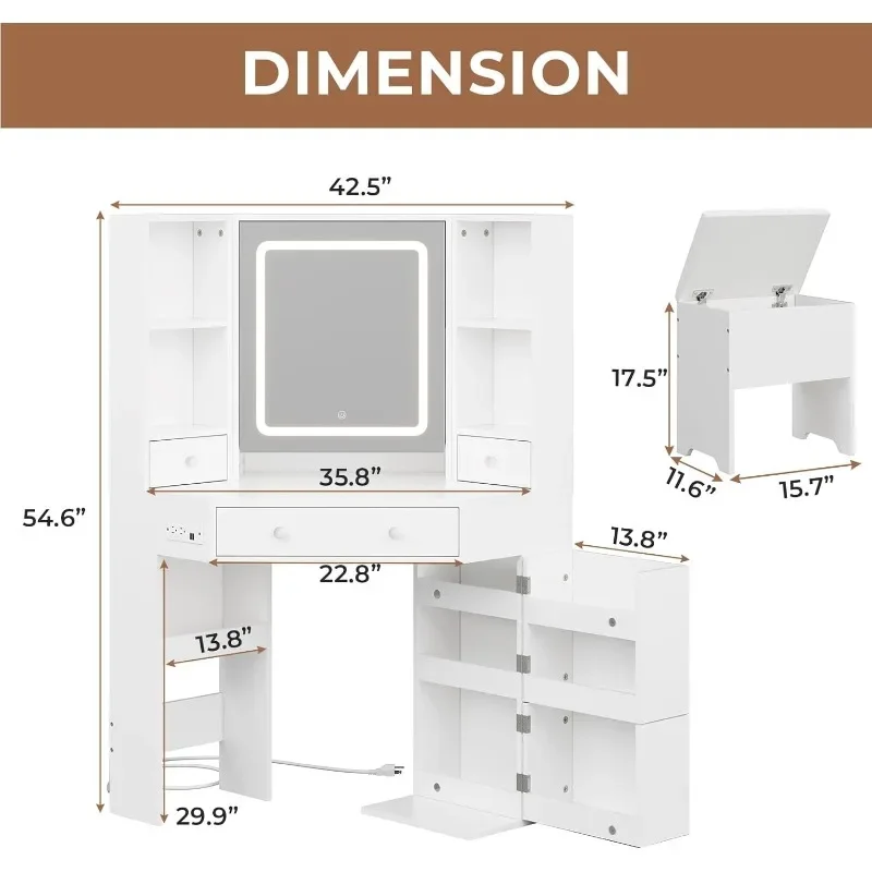 Meja Rias Premium, Meja Rias dengan Cermin & Lampu, Set Meja Rias dengan Rak Berputar, Stasiun Pengisian Daya