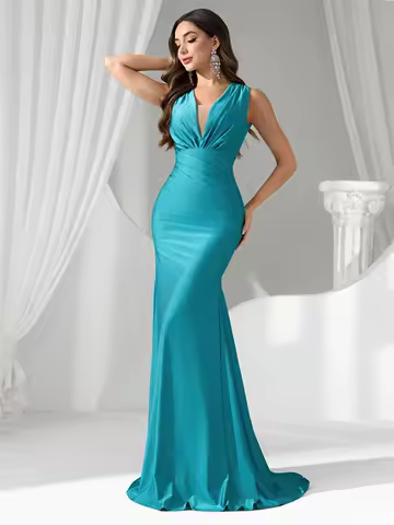 Teal Deep V-Neck Ruched High Waist Fishtail Maxi Dress for Evening Events