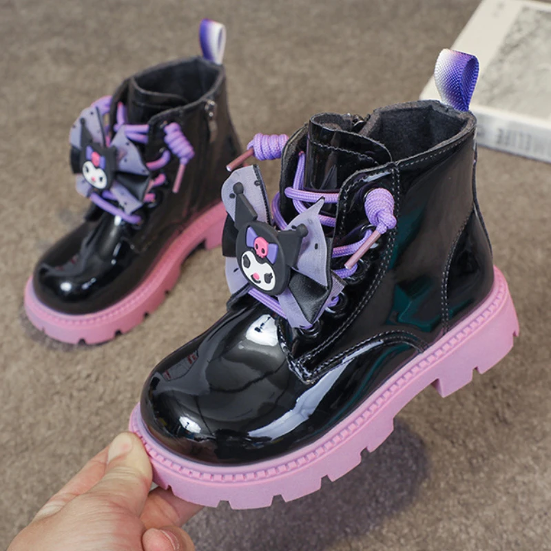 

Детские повседневные ботинки, ботильоны из искусственной кожи с рисунком My Melody ​ Зимняя обувь для девочек, противоскользящая теплая розовая черная обувь, размер 26-36