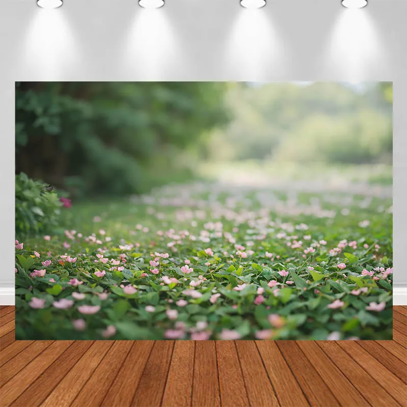 LS Photography Background Green Lawn Spring Blurred Flower Bloom Decor Birthday Cake Smash Kids Adult Portrait Photo Backdrop