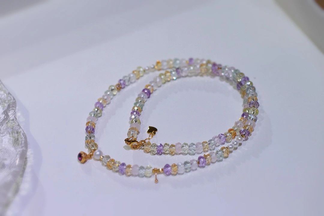 

Natural Faceted Multi-Gemstone Necklace, Amethyst Citrine Green Quartz Pearl Beaded Chain, Crystal Energy Jewelry