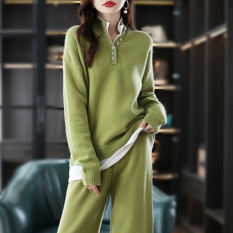 New 2023 Ladies Cashmere Suit Half Turtleneck Loose Sweater Solid Color Knit Casual Wide Leg Pants 100% Pure Wool Two Piece Set