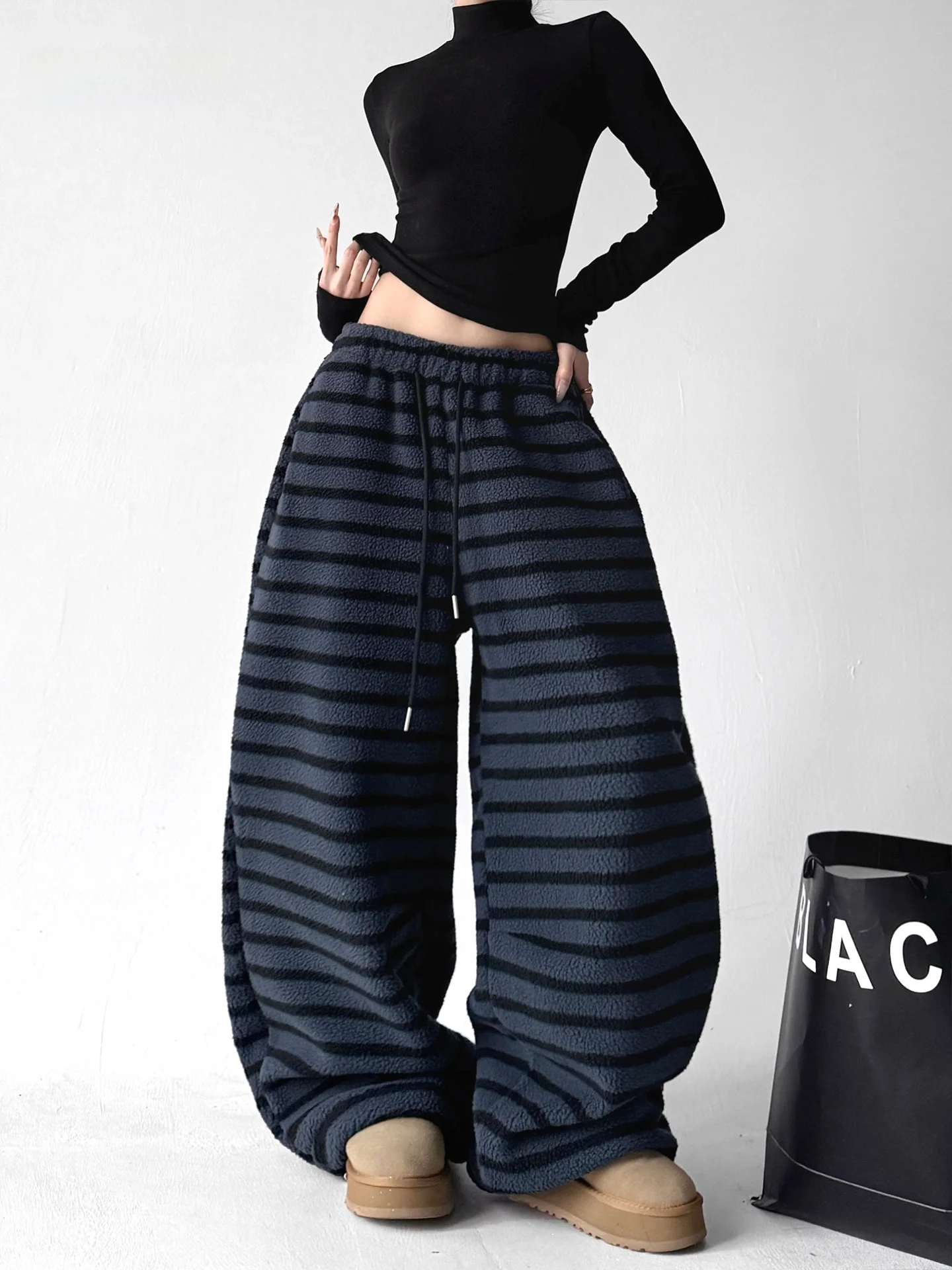 

Широкие брюки Laid-ba в полоску для женщин, зимние, новые, с эластичным поясом на шнурке, облегающие, свободные, повседневные, длинные брюки