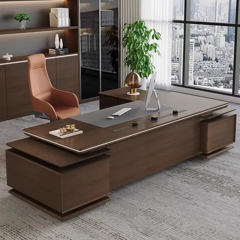 

2025 new Chinese fashion president table boss table simple modern office solid wood desk with electric guide