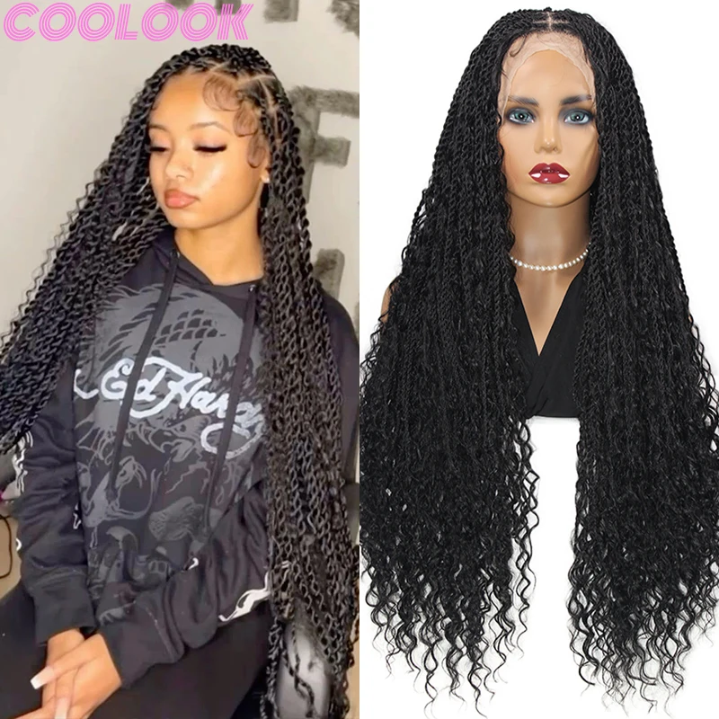 32 Inch Synthetic Full Lace Box Braids Wig Handmade Senegalese Twist Braid Wig with Plaits Bohemian Box Braided Lace Frontal Wig