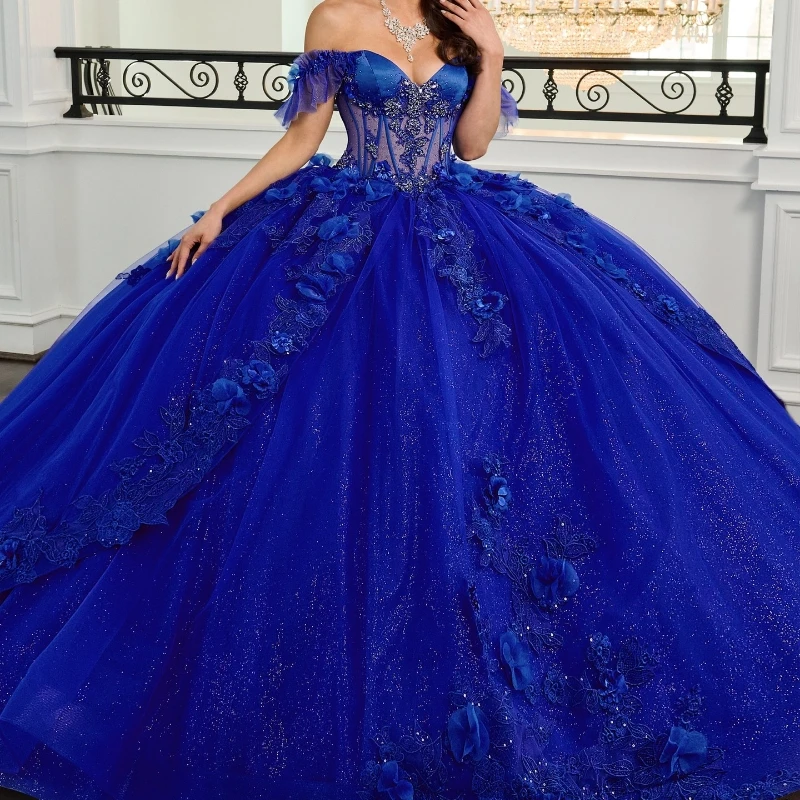 

Royal Blue Shiny Ball Gown Quinceanera Dresses Princess Party Birthday Dress Off Shoulder Appliques Flower Beads Bow Tull Sweet