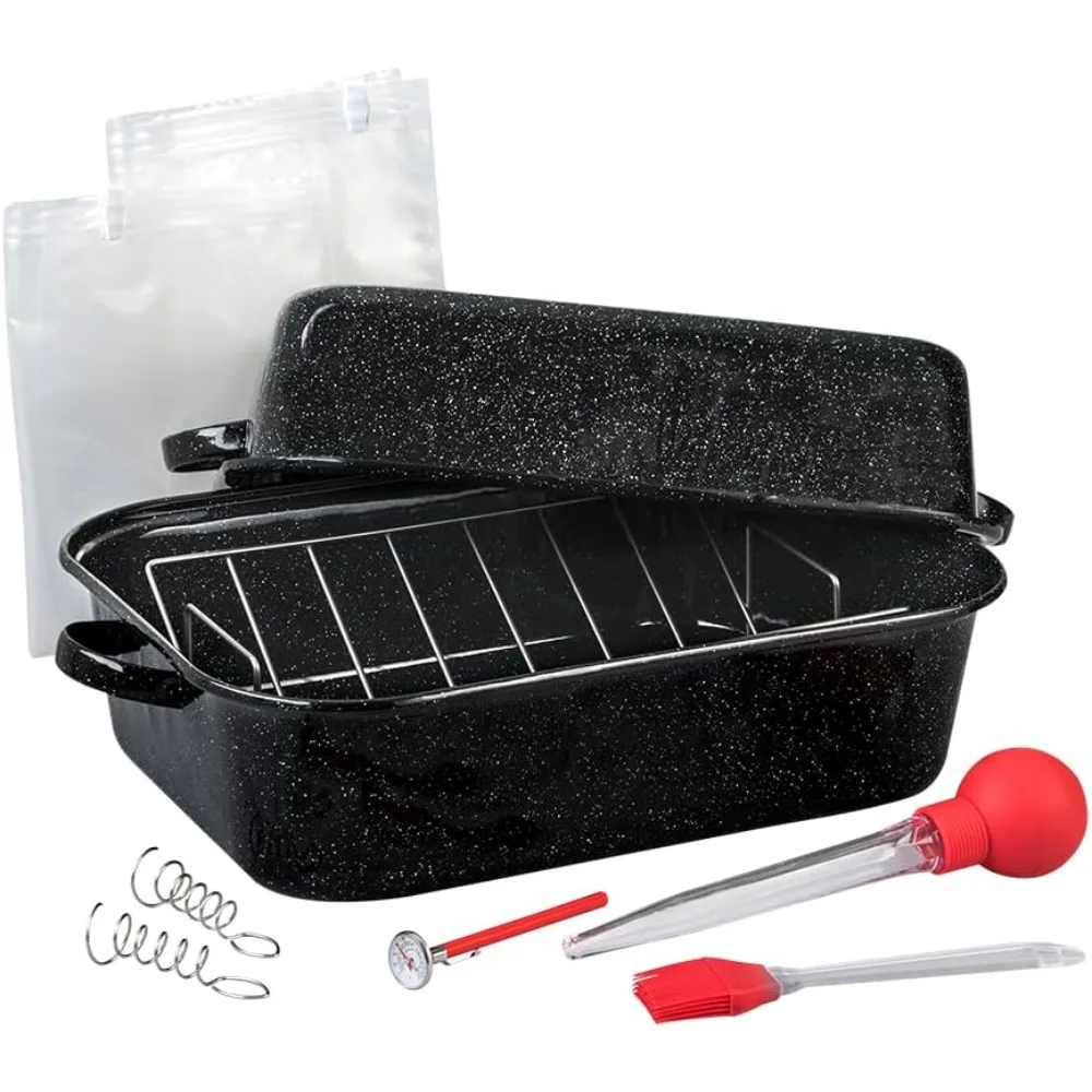 Granite Ware 25 lb Rectangular Roaster Set (10pcs), includes Lid, V-Rack, 2 pack brining bags, oven/grill-safe meat Thermometer,