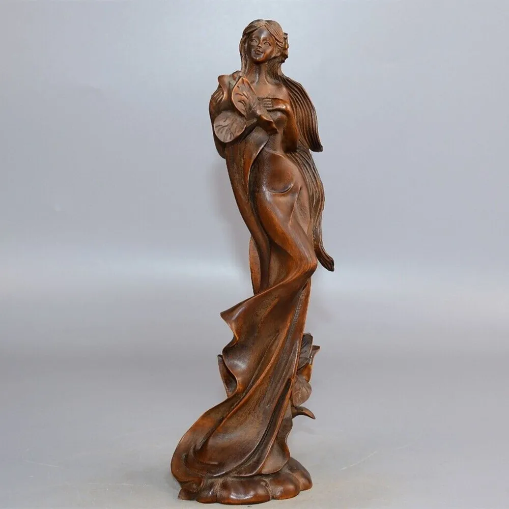 

Chinese Antique Boxwood Carved Beautiful Woman Statue Sexy Sculpture Home Decor