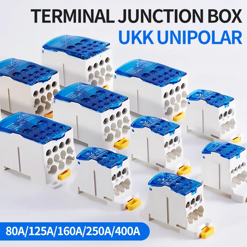 UKK 80A 125A 160A 250A 400A Terminal Block 1 in many Out Din Rail Distribution Box Universal Electric Wire Connector