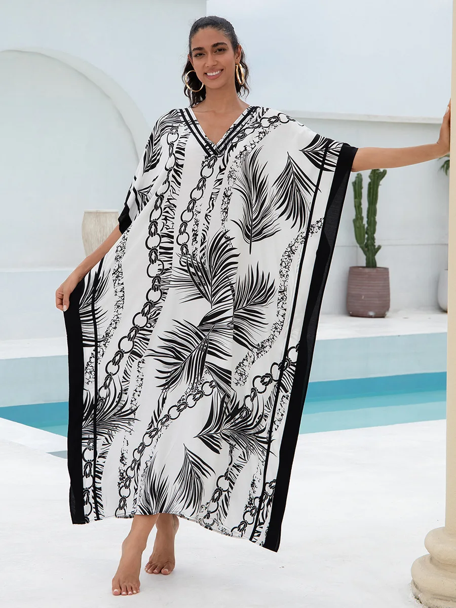 Cover-ups Chain Print Women white Swimsuit Loose Fitting Long Robe Beach Vacation V-neck Sunscreen Clothing Bikini 2025 Summer