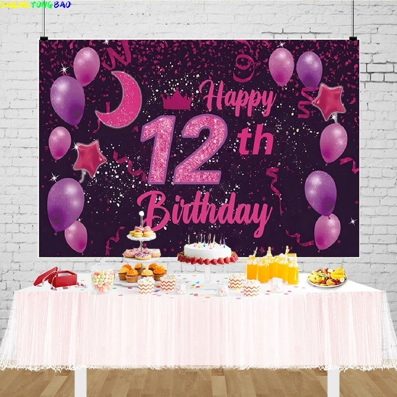 

Happy 12 Birthday Girl Bat Mitzvah Photography Backdrops 12th Old Party Star Moon Glitter Photo Studio Background JKD-01