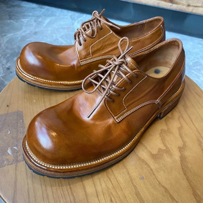 

Handmade Genuine Leather Thick Sole Casual Derby Shoes Men's Cowhide Thick Sole Vintage Business Work Dress Leather Shoes Male