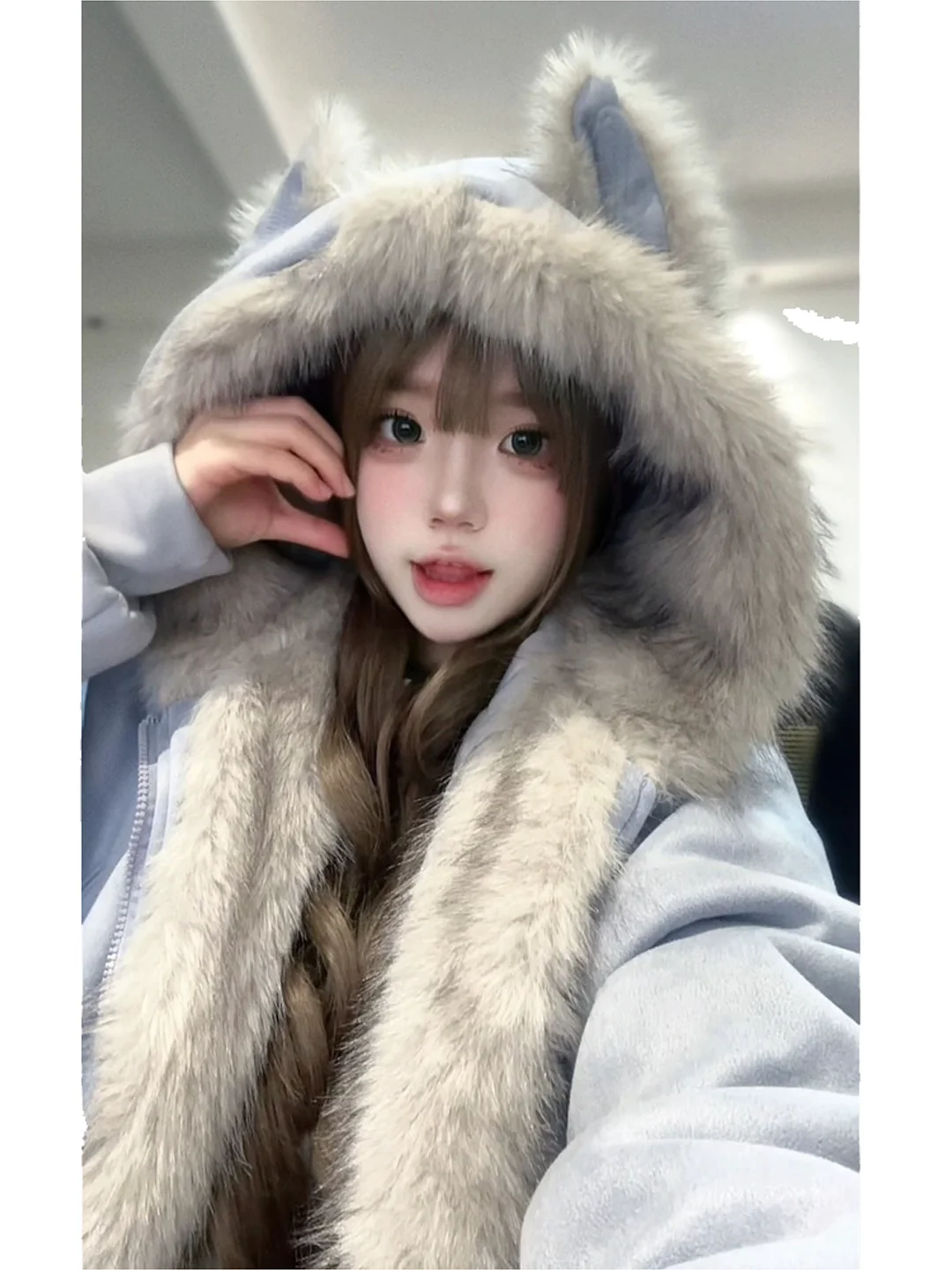 Korean Style Thickened Fleece Lined Hooded Women's Cotton Jacket  Ears Warm Beautiful Winter Outerwear Long Sleeve Zipper
